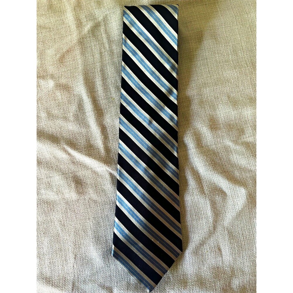 Tommy Hilfiger Men’s Striped Necktie Navy Blue Silver Light Blue Classic Tie